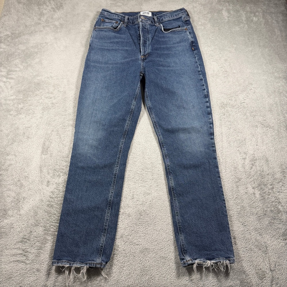 Agolde Riley Long Jeans Women 28 Blue High Rise Straight Leg Raw Hem A9090-1413